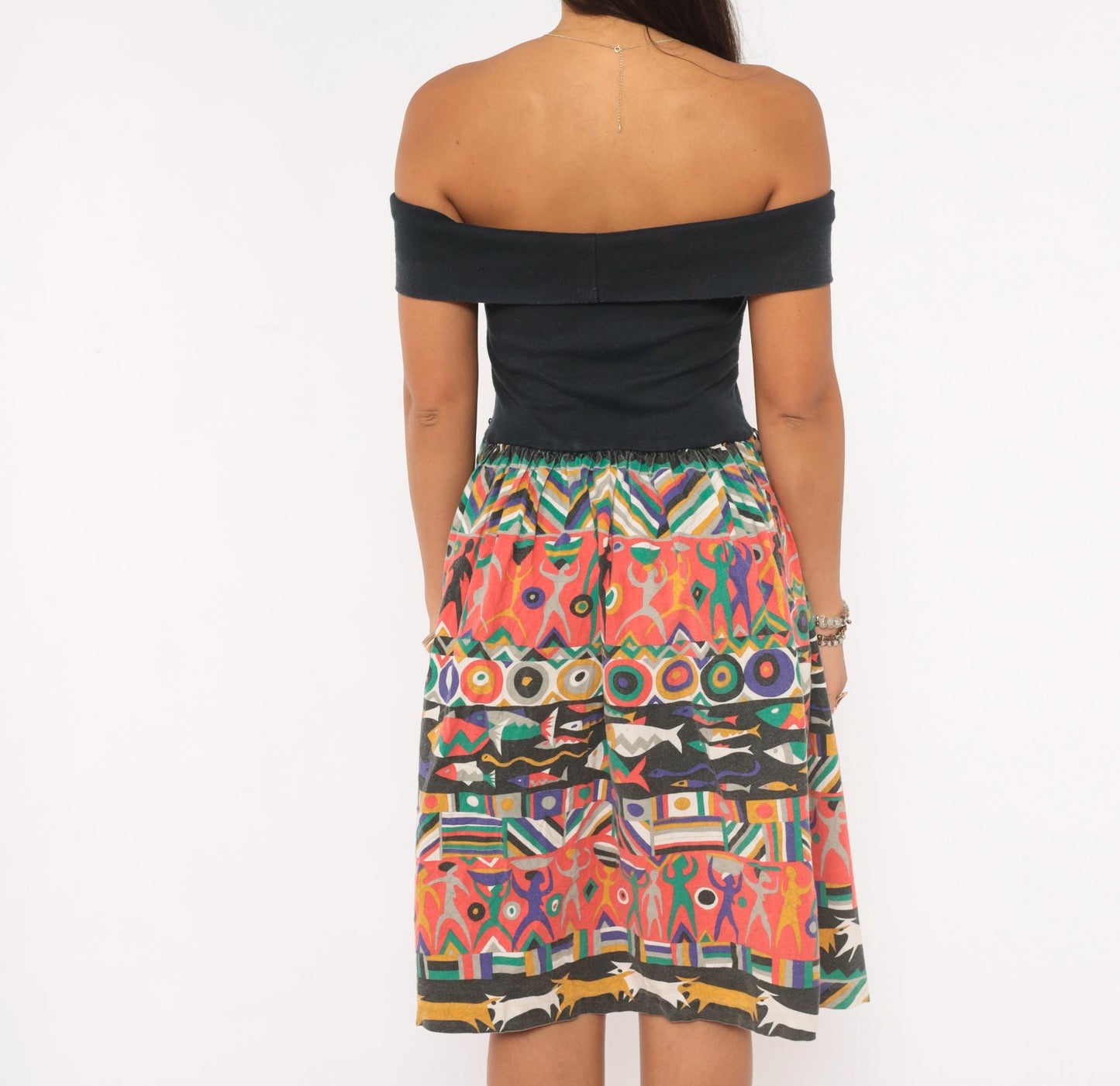 90s Victoria Off-Shoulder Dress Black Multicolor Fish Print Knee-Length Small S