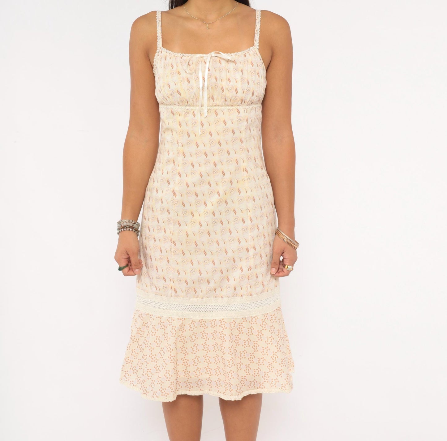 Y2K Floral Sundress Cream Tan Ribbon Bow Lace Trim Cotton Extra Small XS