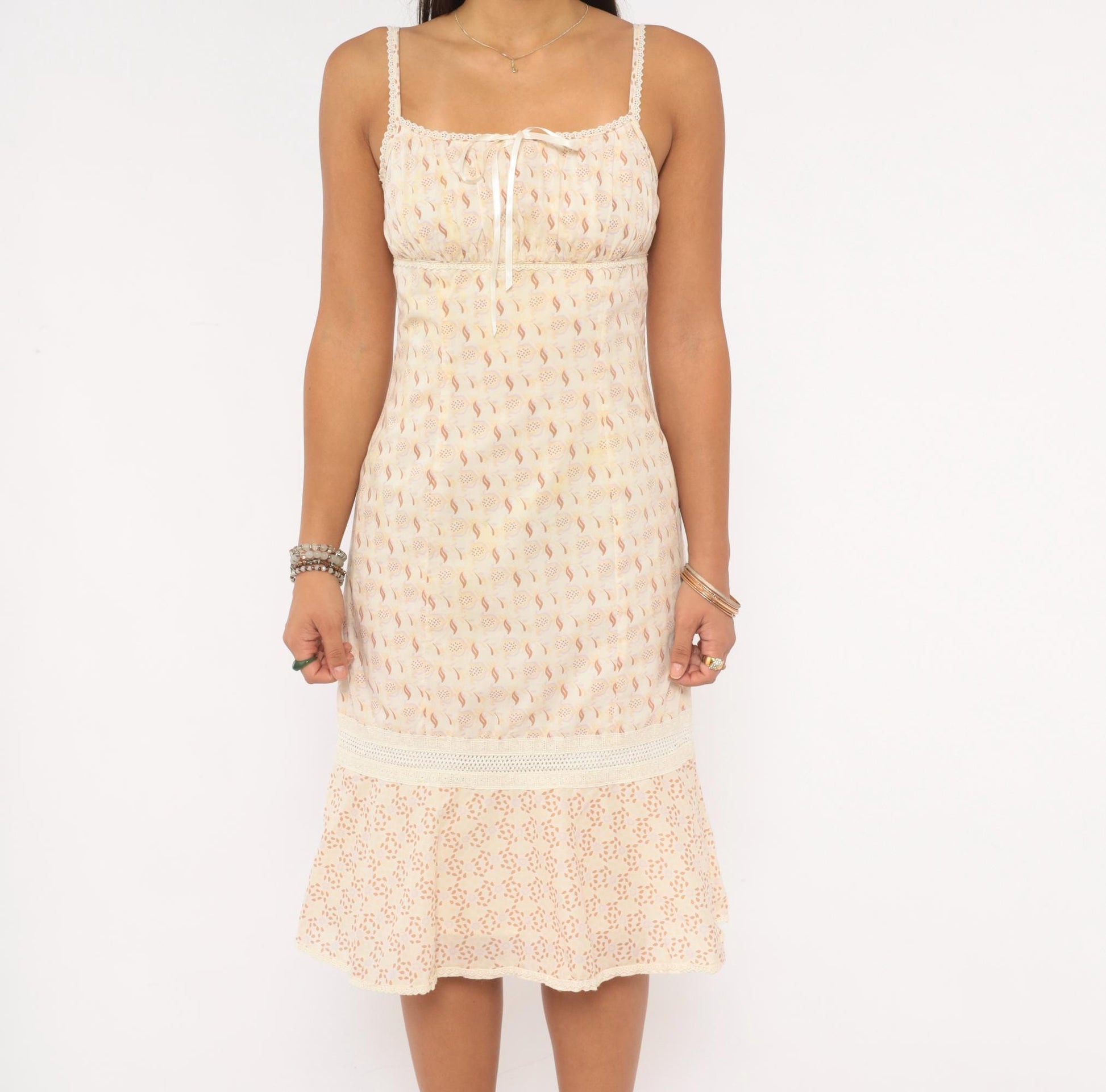 Y2K Floral Sundress Cream Tan Ribbon Bow Lace Trim Cotton Extra Small XS