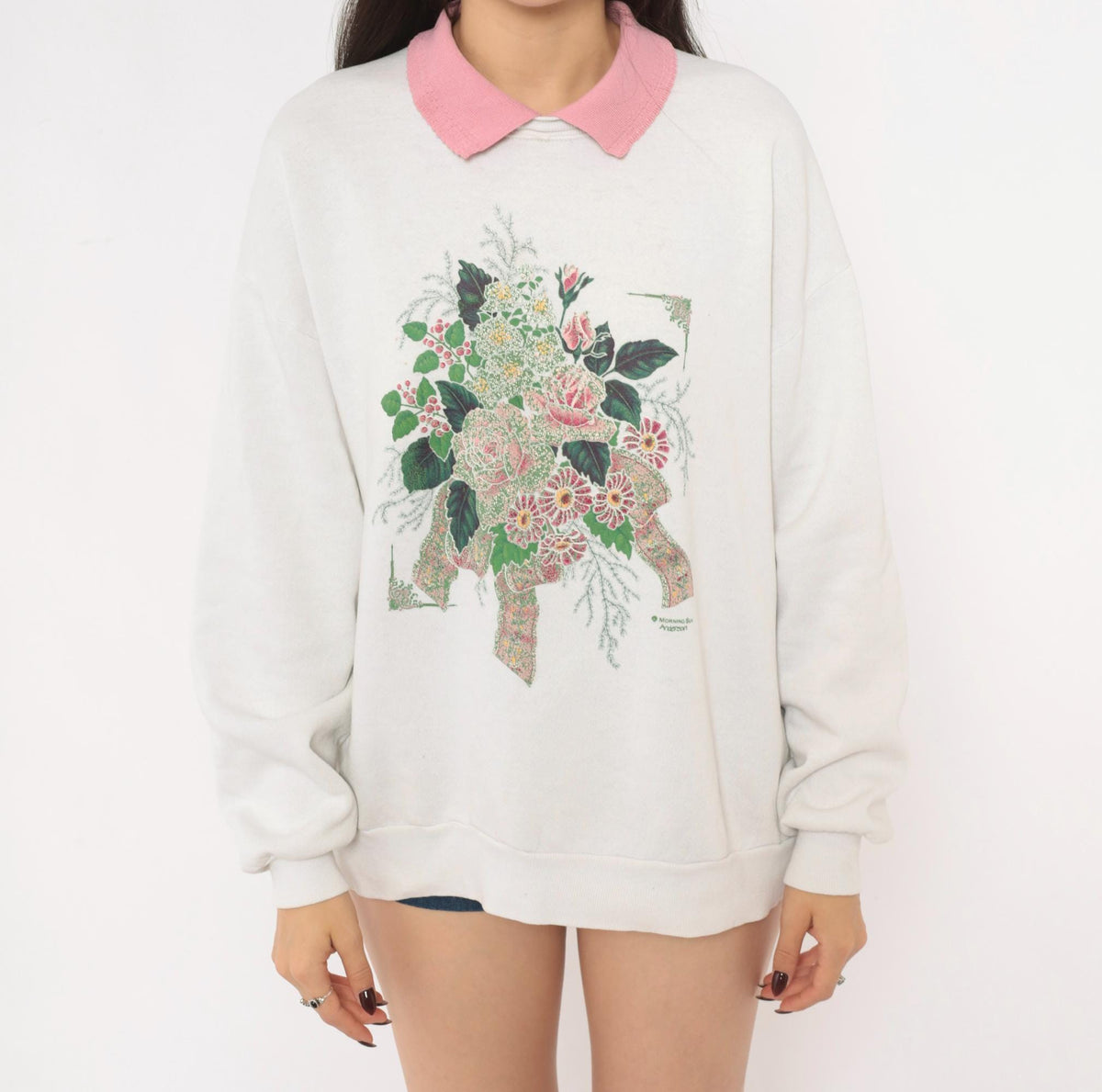 90s Morning Sun Floral Sweatshirt Pink Roses Off White Raglan Large L