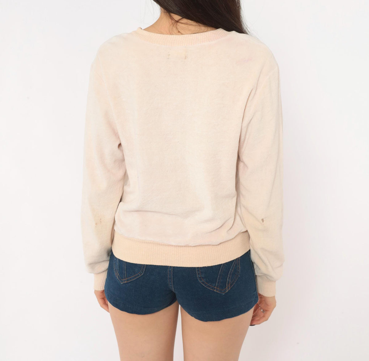 80s St Martine Velour Sweatshirt Cream Blush Pink Ribbed Crew Pullover Medium