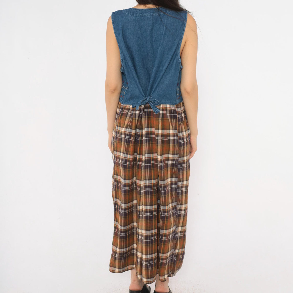 90s Casey&Max Denim Plaid Midi Dress Embroidered Leaves V Neck Large