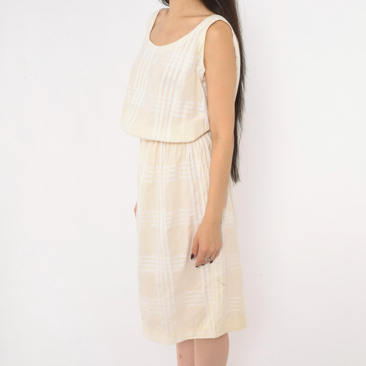 80s Cream Plaid Sleeveless Sundress Scoop Neck Blouson Waist Medium M