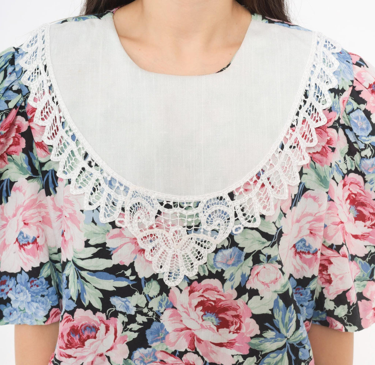 80s Floral Midi Dress Black Pink Rose Lace Collar Puff Sleeve Drop Waist Large L