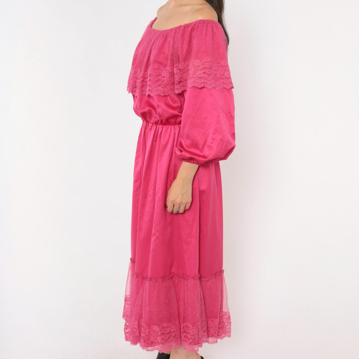 80s Hot Pink Off-Shoulder Midi Dress Lace Ruffle Balloon Sleeve Medium M