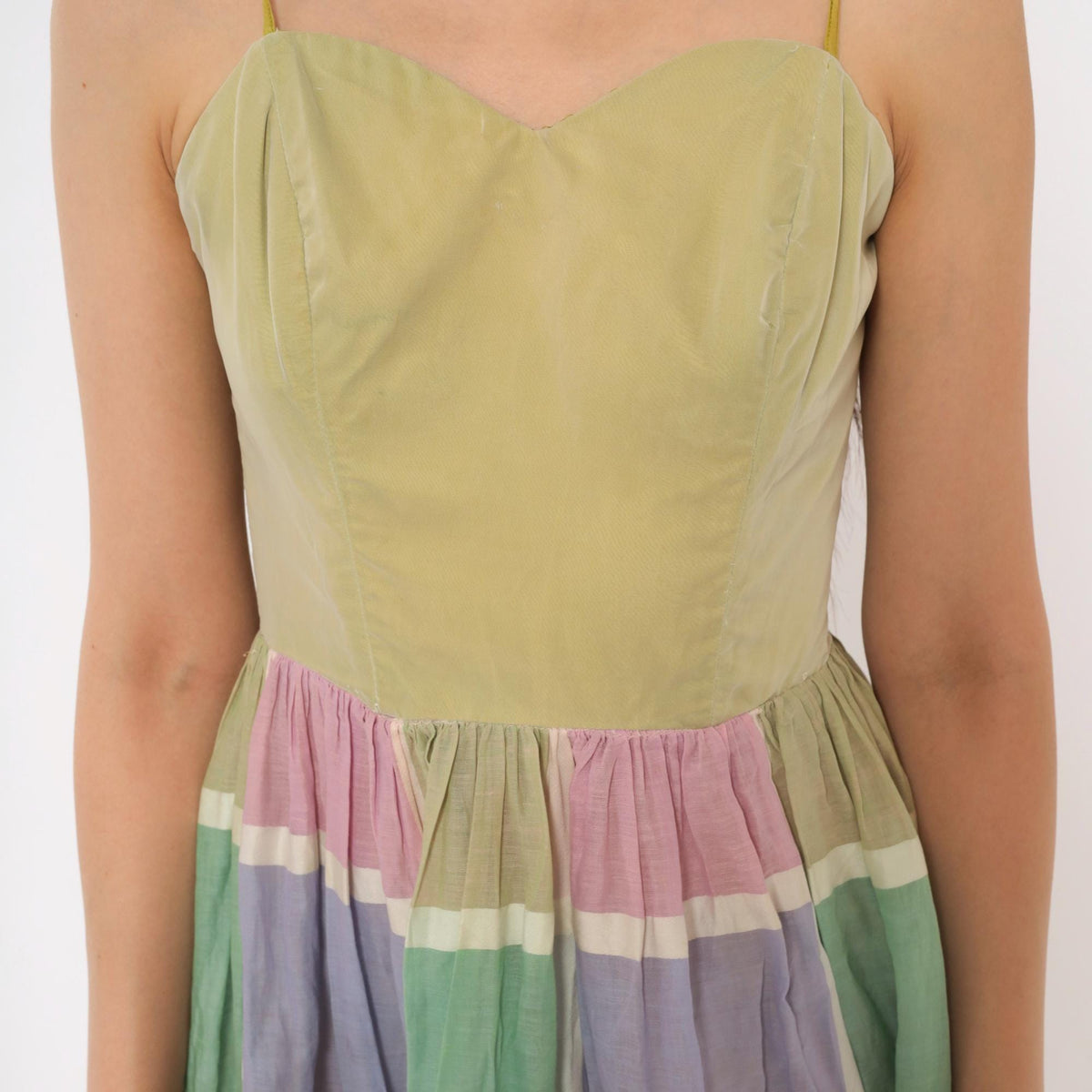 60s Pastel Plaid Sundress Sweetheart Neckline Gathered Skirt Cotton XS