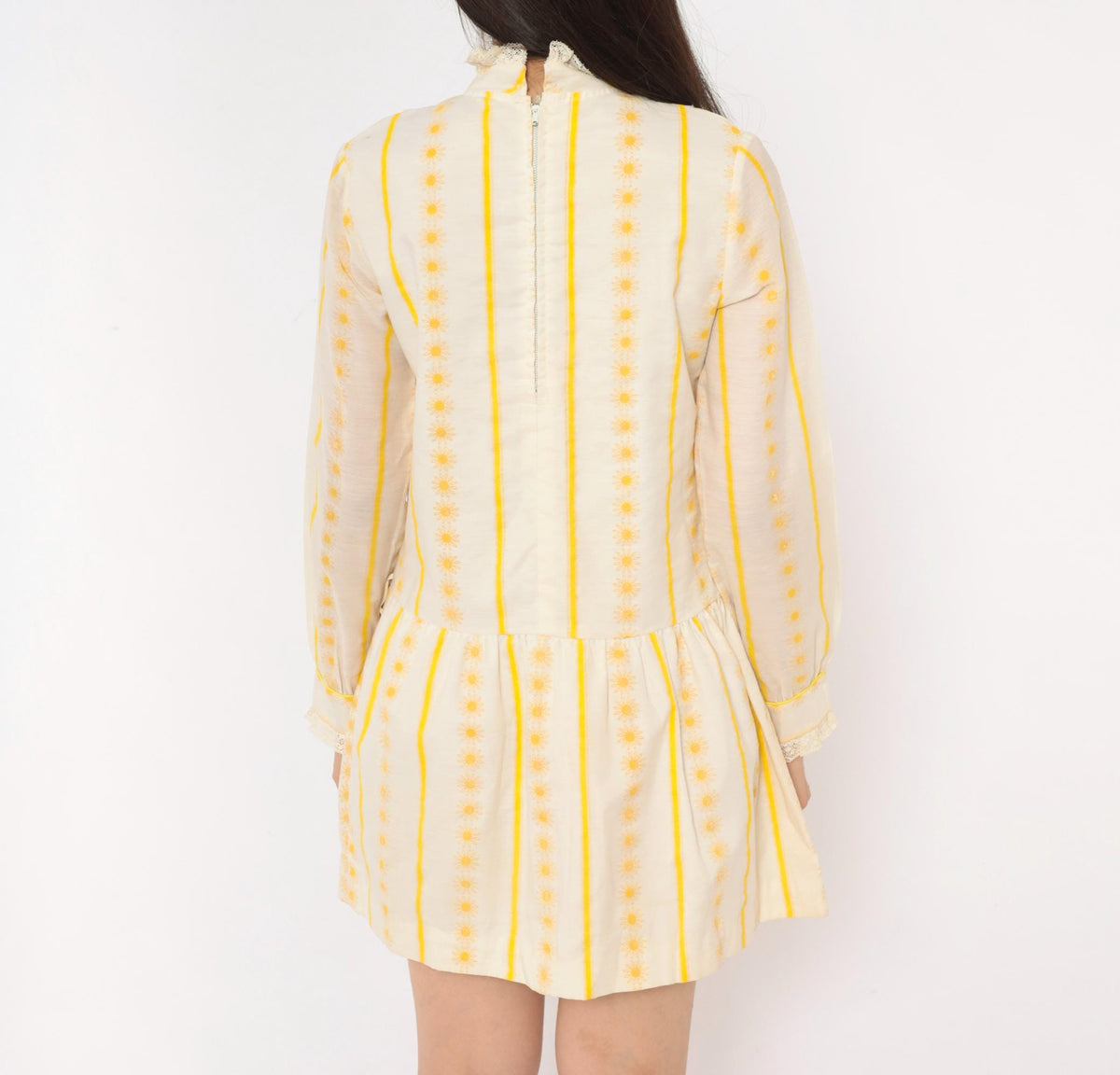 60s Miss Brent Daisy Stripe Mini Dress Yellow Cream Lace High Neck Long Sleeve Extra Small