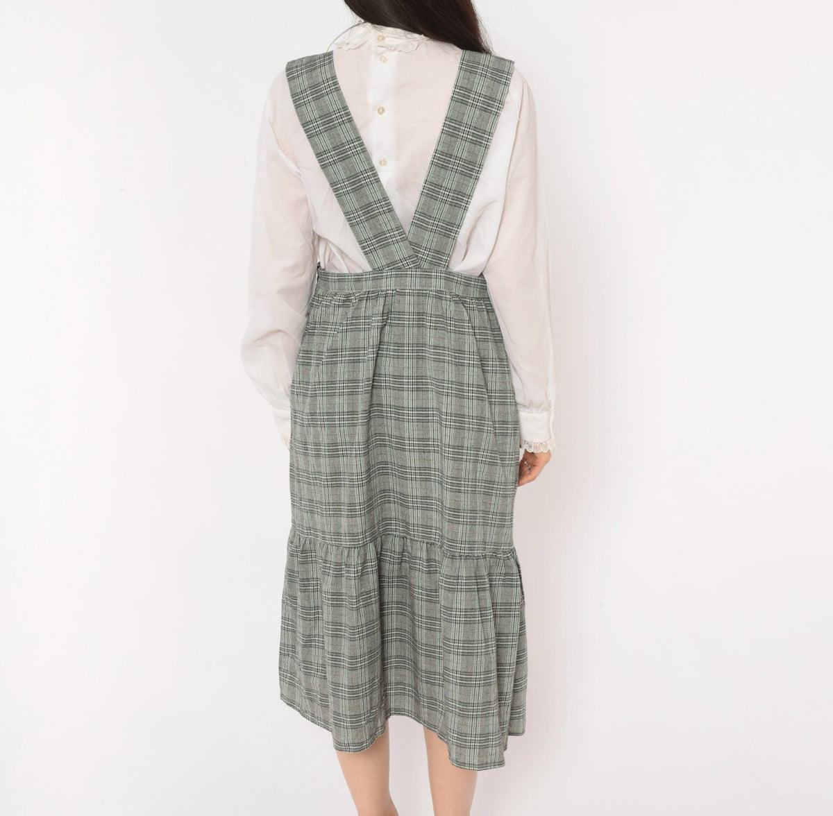 90s Grey Glen Plaid Pinafore Dress V-Neck Suspender Straps Tiered Ruffle Medium M