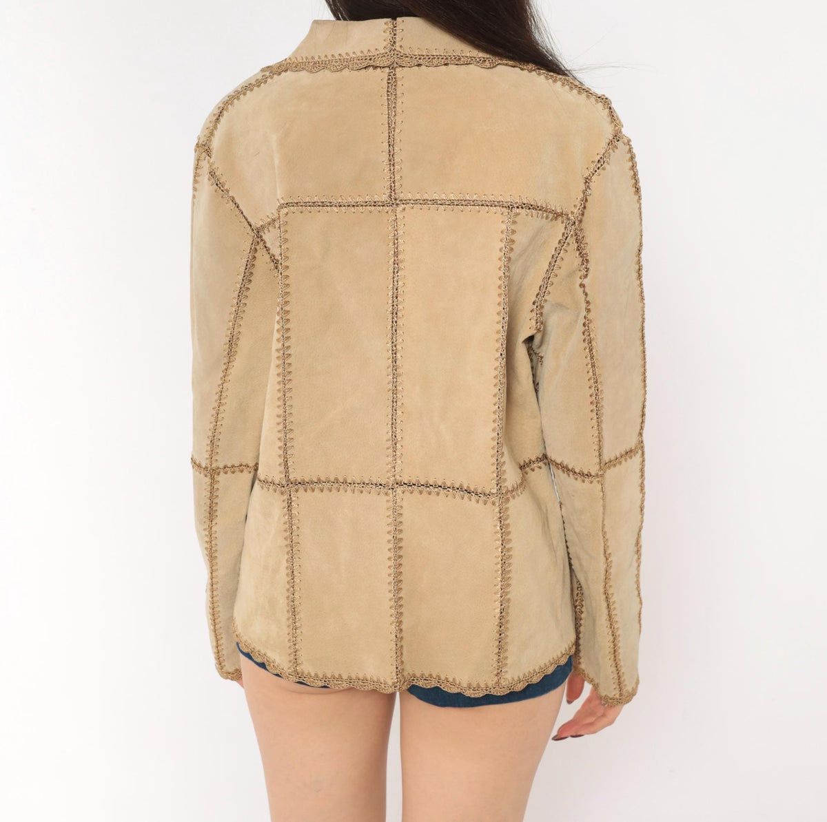 2000s Tan Suede Patchwork Jacket Crochet Trim Button Front Medium