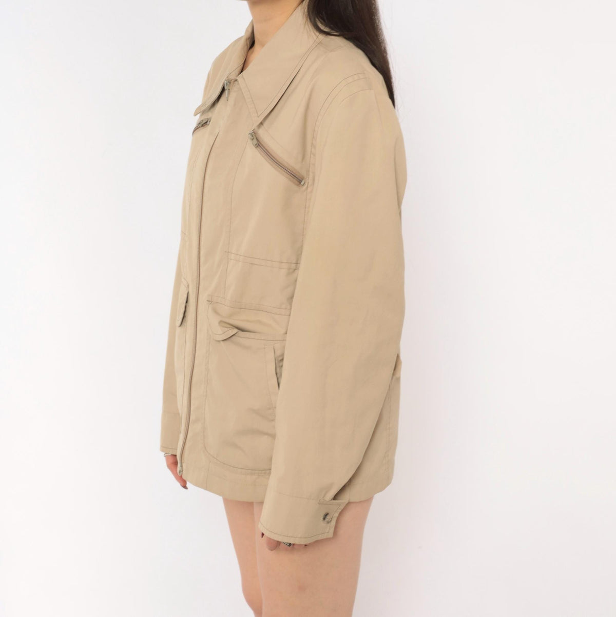 80s London Fog Tan Zip Jacket Utility Coat Multi Pocket Medium