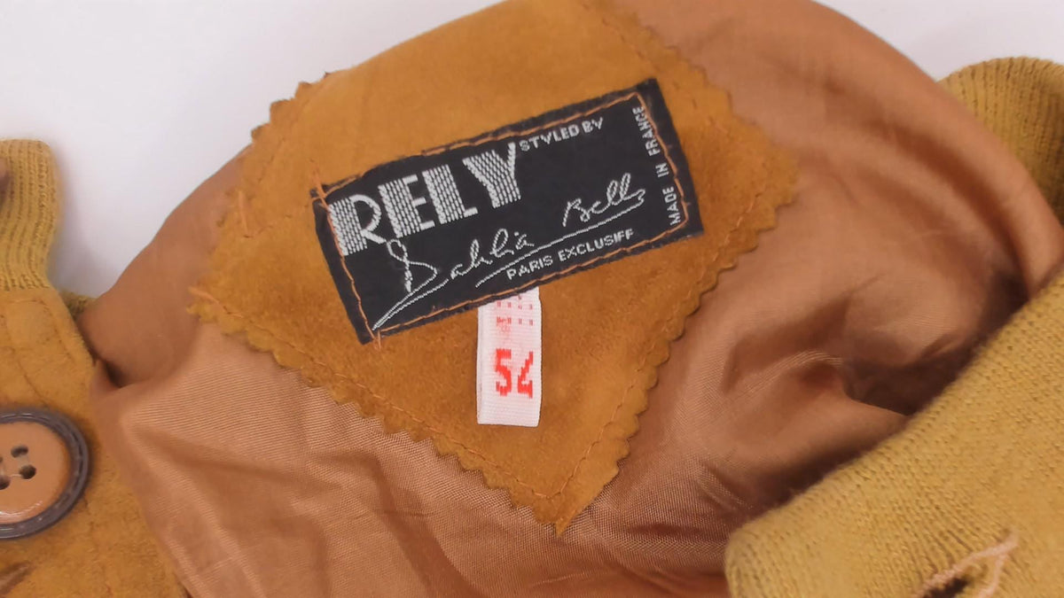 80s Rely Mustard Suede Bomber Jacket Knit Collar Button Front Medium
