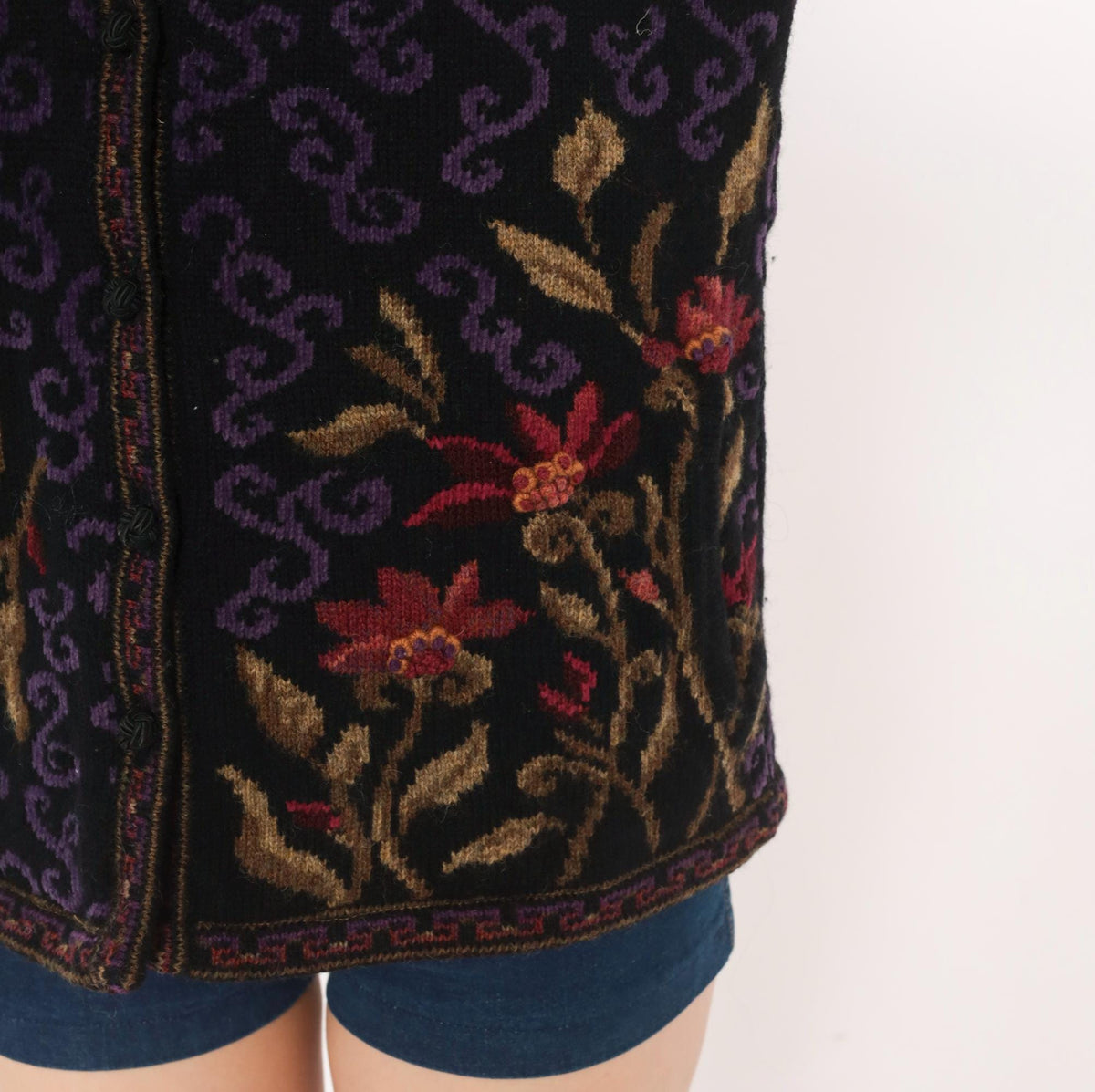 80s Icelandic Design Wool Cardigan Black Purple Floral Jacquard Small