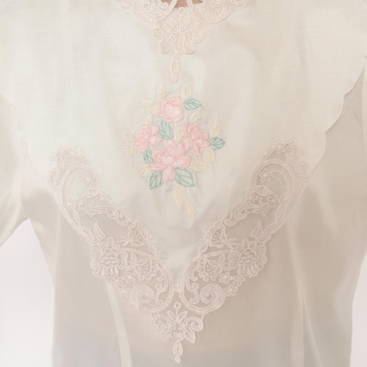80s Nicola Embroidered Floral Lace Blouse High Neck Puff Sleeve Ivory Medium M