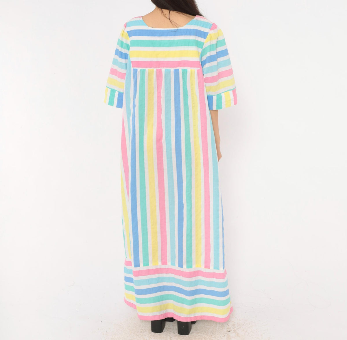 80s Saybury Pastel Striped Maxi Dress Square Neck Empire Waist Extra Large