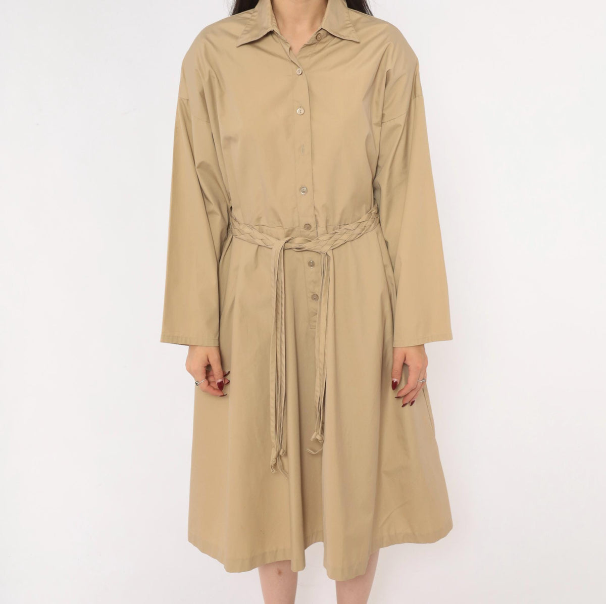 80s Tan Shirt Dress Braided Belt Pointed Collar A-Line Knee Length Large
