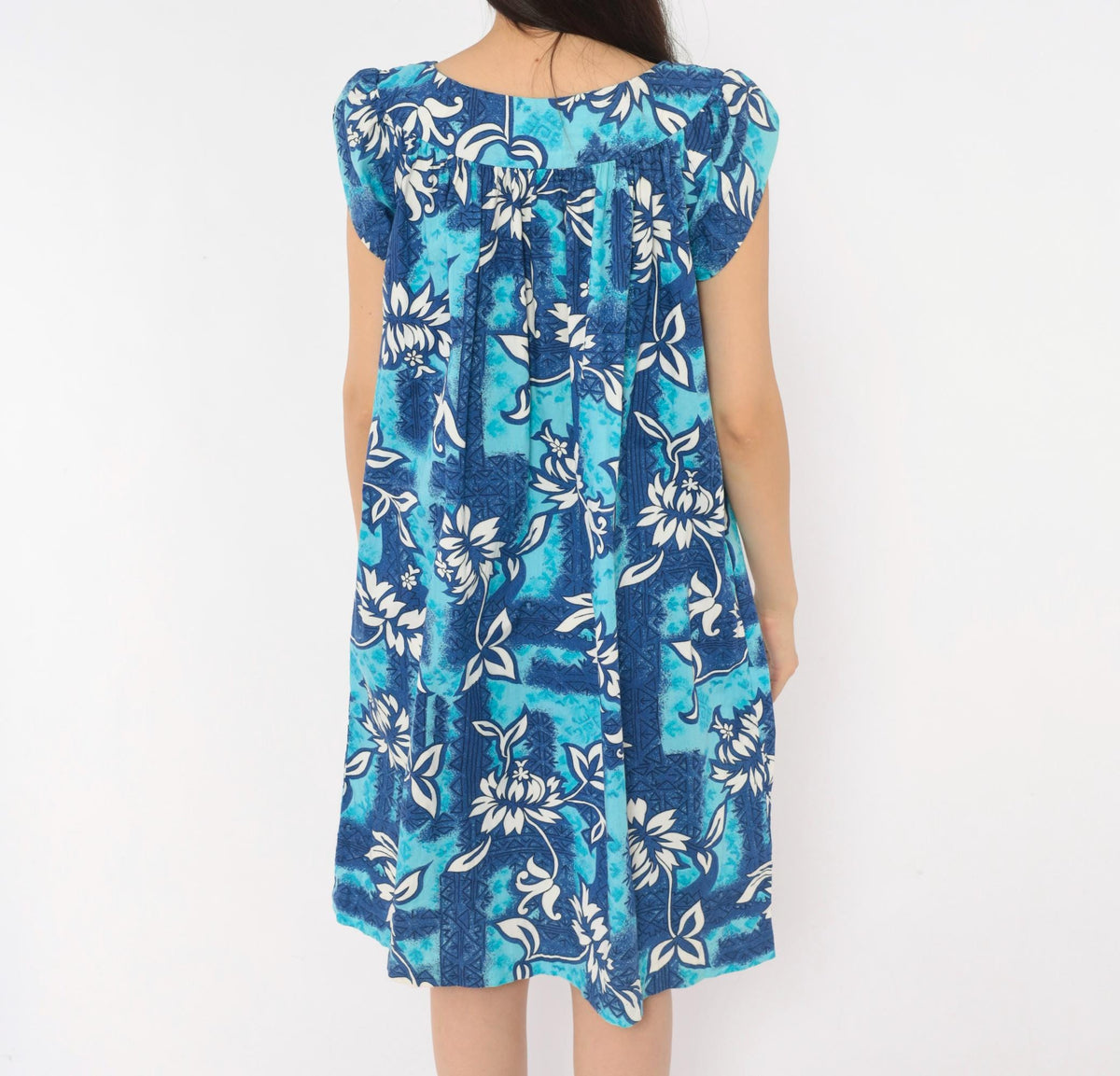 80s Made In Hawaii Muumuu Dress Blue Floral Cotton Knee-Length Medium