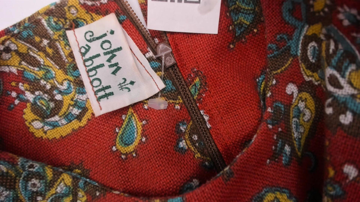 60s John Abbott Paisley Shift Dress Rust Red Knee-Length A-Line Small
