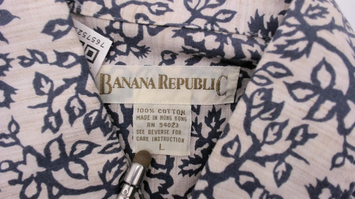 90s Banana Republic Floral Print Cotton Shirt Cream Navy Button Front Extra Large