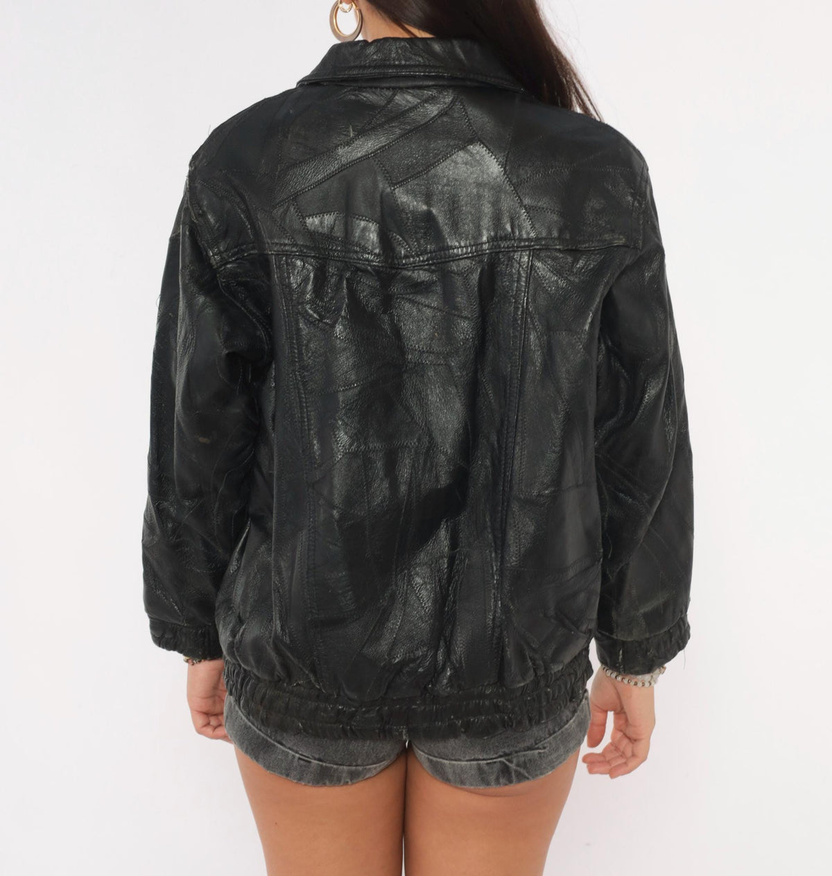 90s Italian Stone Design Black Leather Patchwork Bomber Jacket Small S