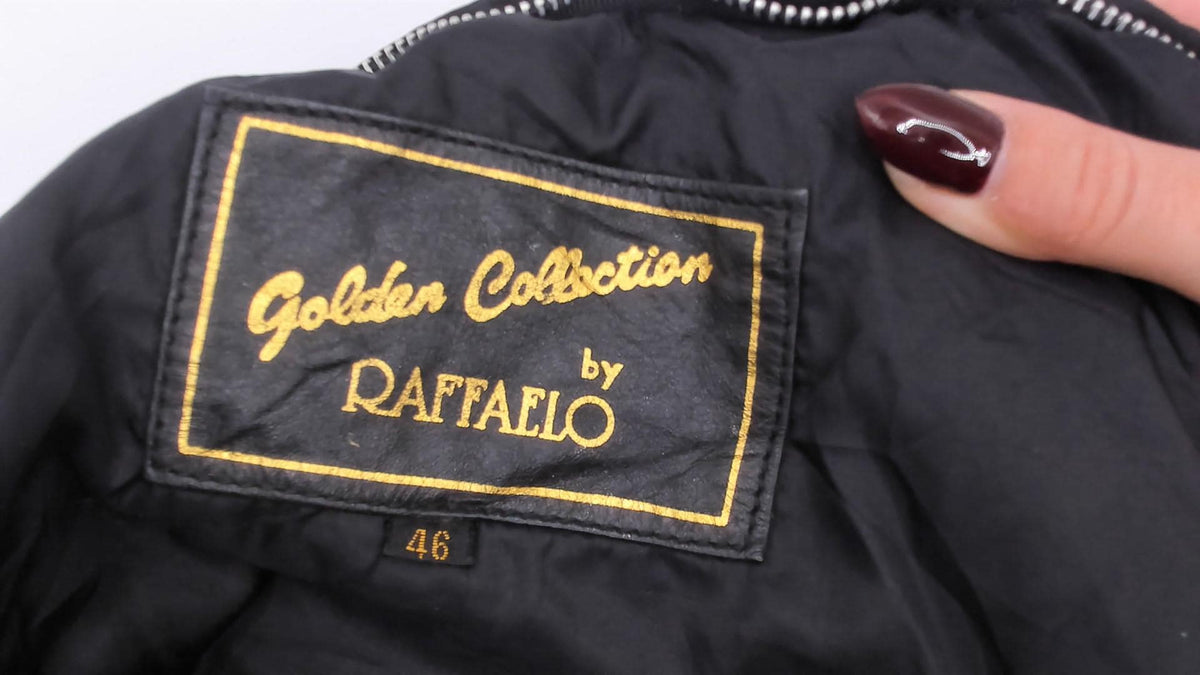 90s Black Leather Bomber Jacket Golden Collection Raffaelo Moto Boxy Medium