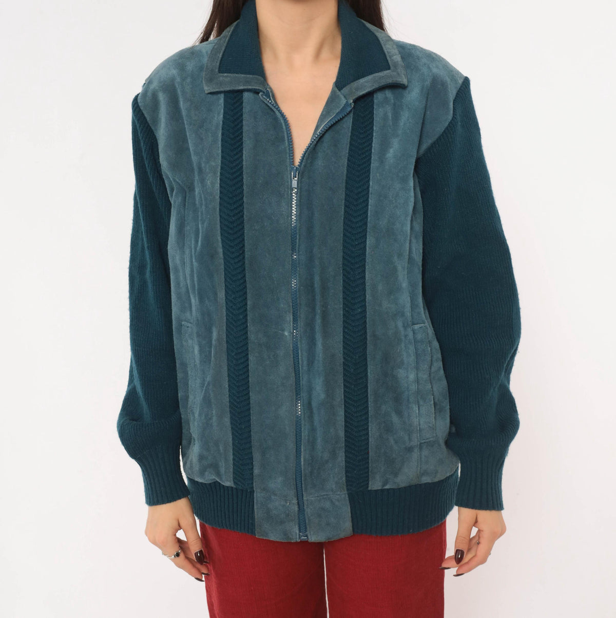 80s Mervyn's Navy Blue Suede Leather Cardigan Knit Zip Jacket Large