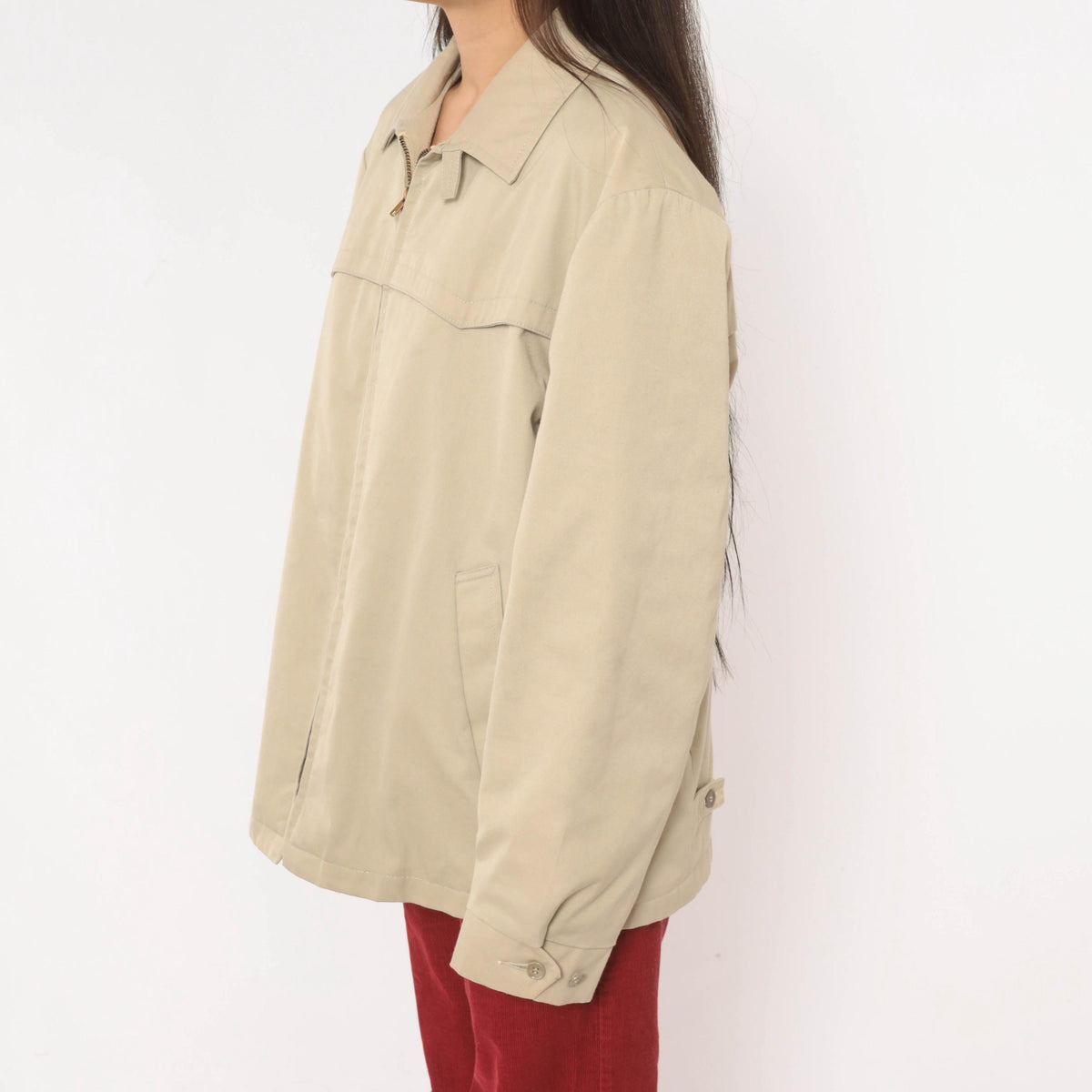 80s Sears Beige Harrington Jacket Western Yoke Pointed Collar Unisex Large