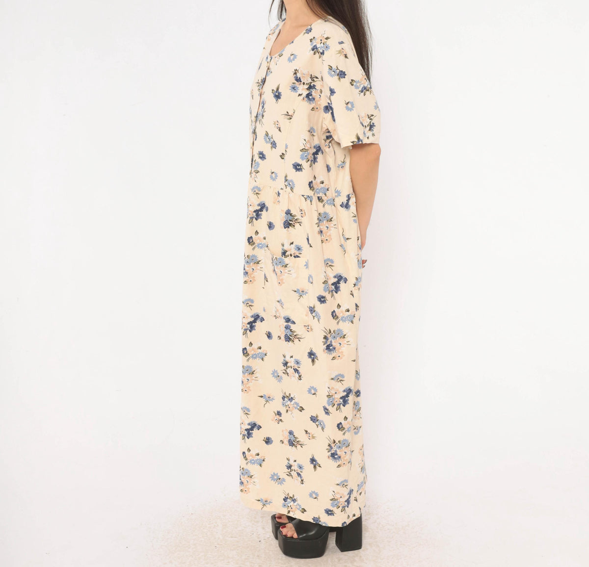 90s Studio C Floral Linen Maxi Dress Cream Navy Plus Size XXL