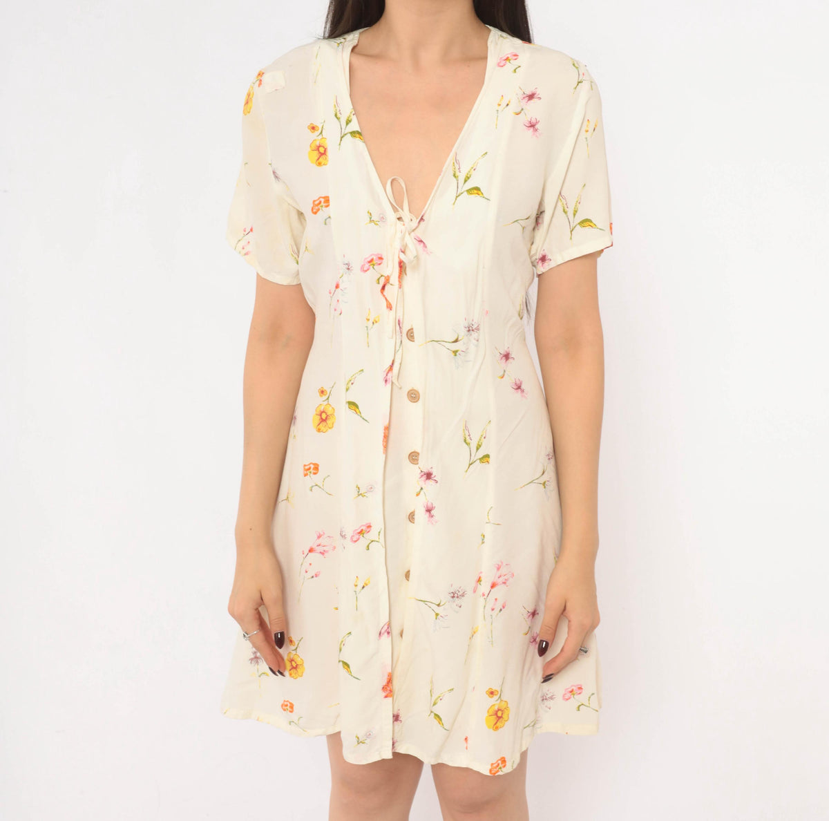 90s Wag Girls Floral Dress Cream Ditsy Print Tie Front Knee Length Extra Small XS