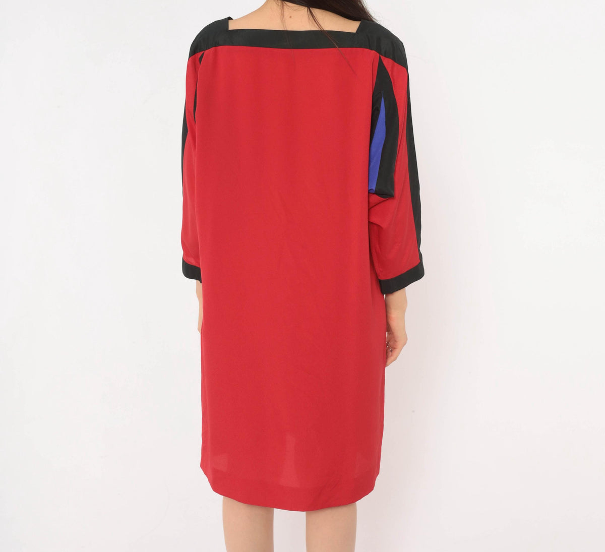 80s Red Color Block Shift Dress Batwing Dolman Sleeve Boat Neck Medium