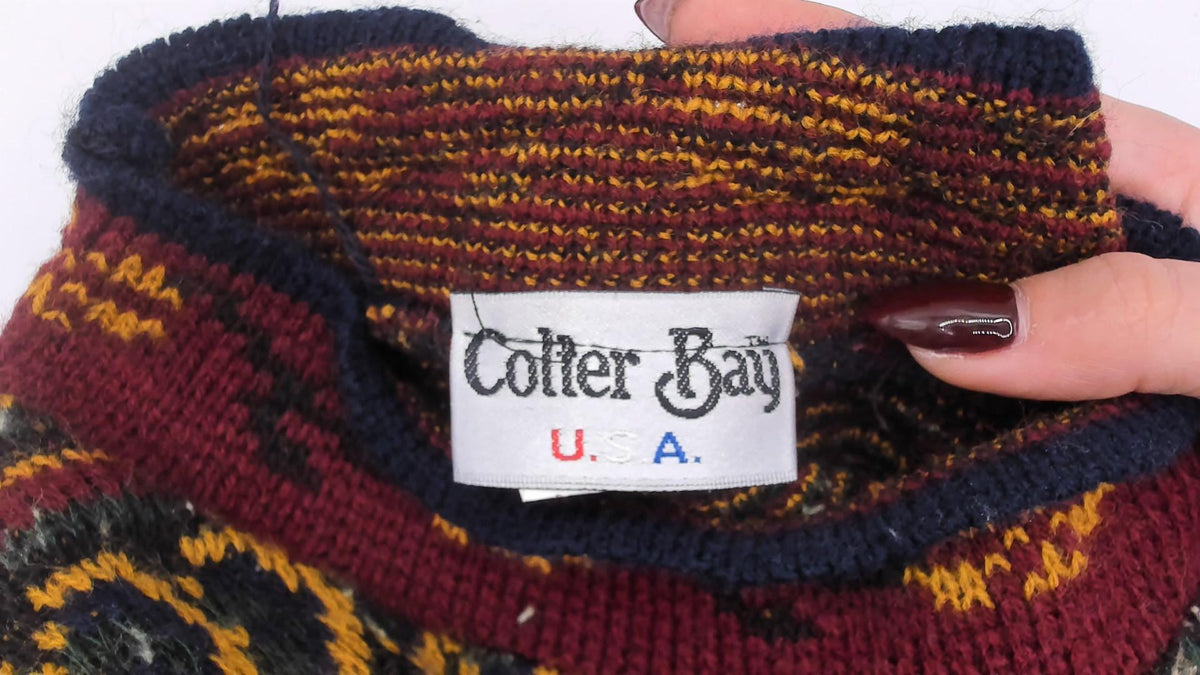90s Colter Bay Sweater Dress Burgundy Navy Floral Fair Isle Mock Neck Medium