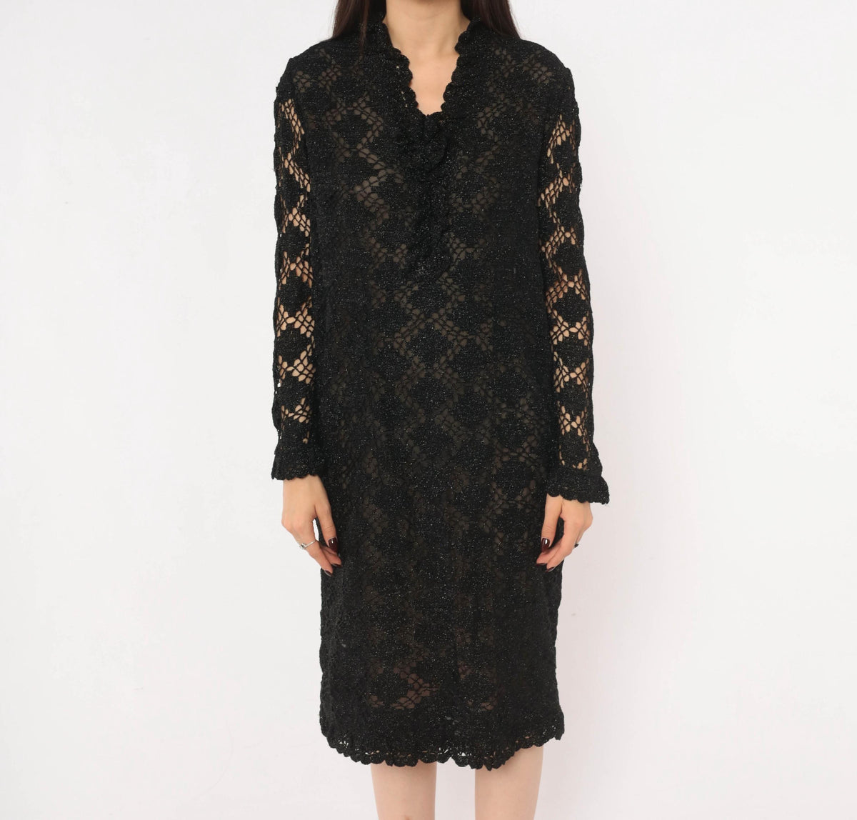 70s Black Crochet Lace Dress Metallic Sparkle Long Sleeve Knee-Length Small