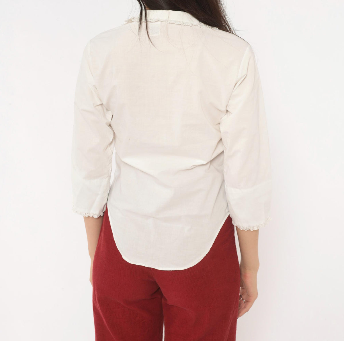 70s Lady Manhattan White Cotton Blouse Lace Trim V Neck Three Quarter Sleeve Extra Small
