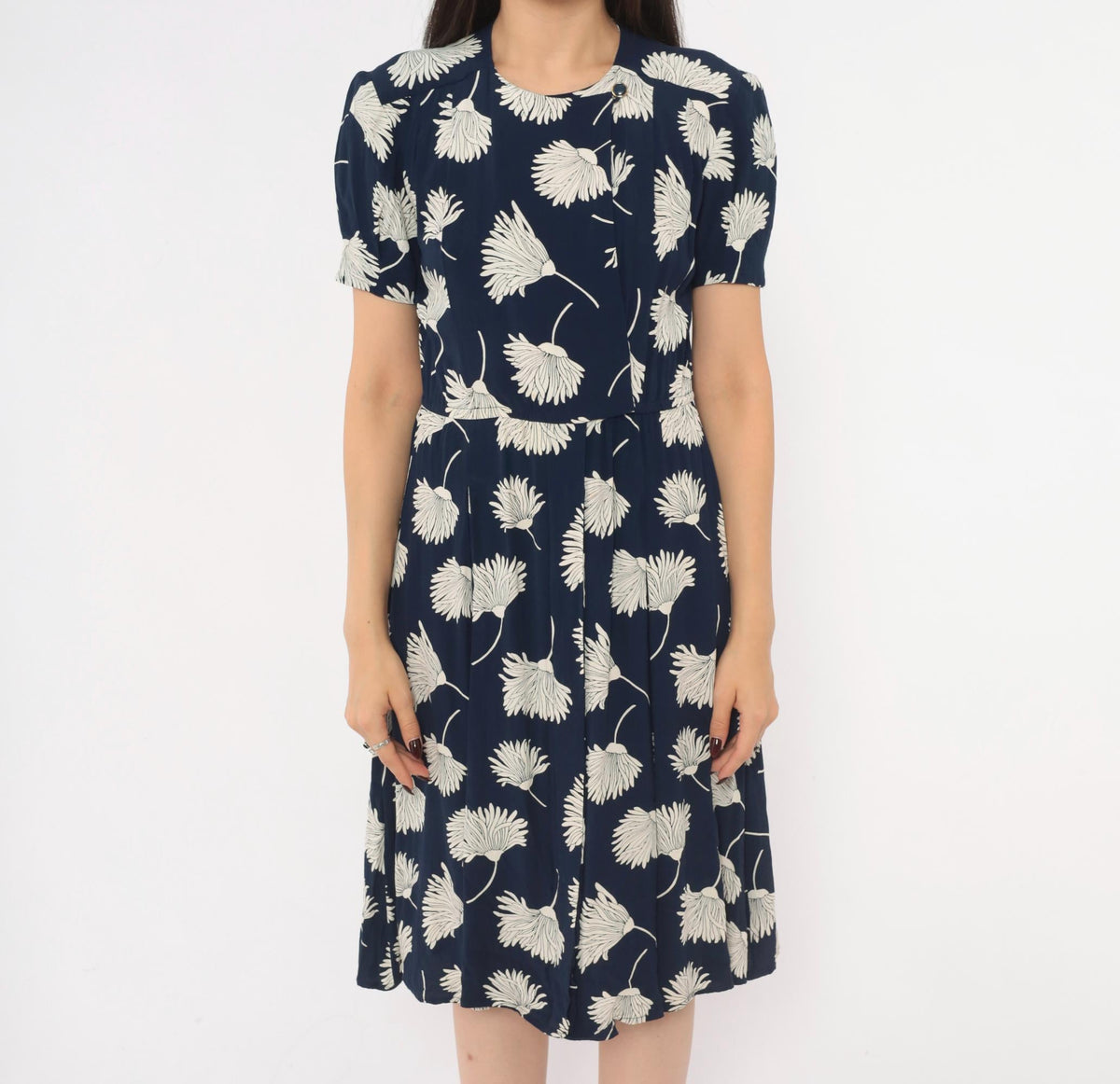 90s Liz Claiborne Navy Floral Dress White Daisy Print Puff Sleeve Small S