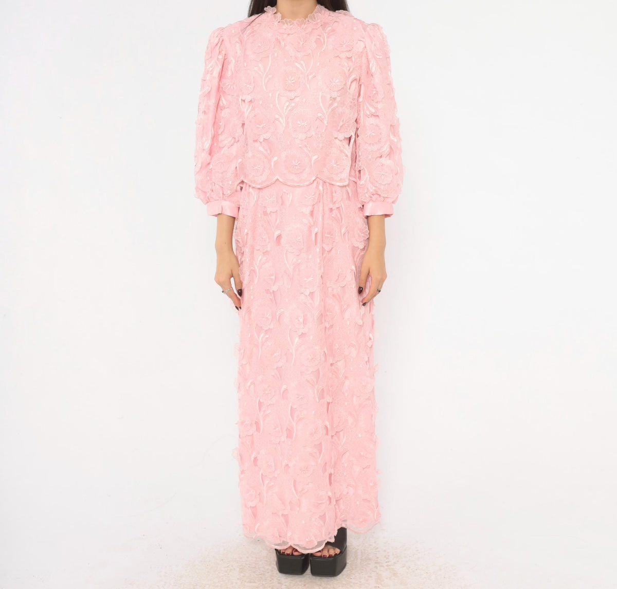 80s Bernadette Designs Pink Maxi Dress Floral Embroidered Puff Sleeve Large L