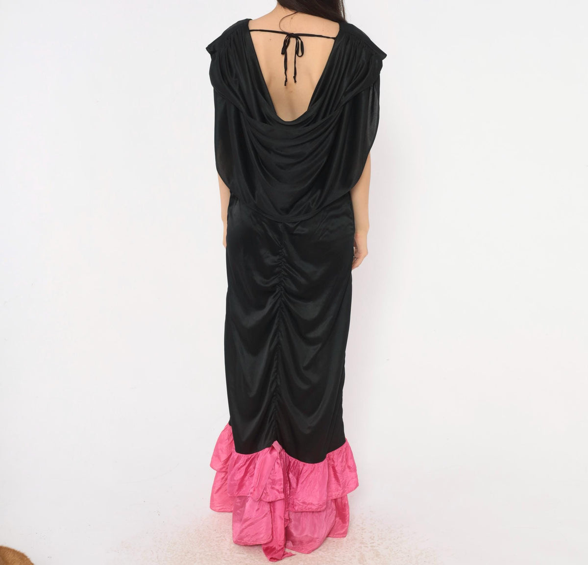 80s Black Satin Maxi Dress Fuchsia Ruffle Cowl Open Back Evening Gown Extra Large