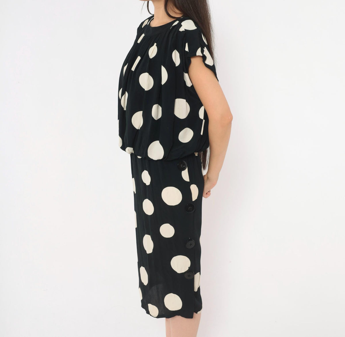 90s Chetta B Polka Dot Midi Dress Black Cream Cap Sleeve Small S