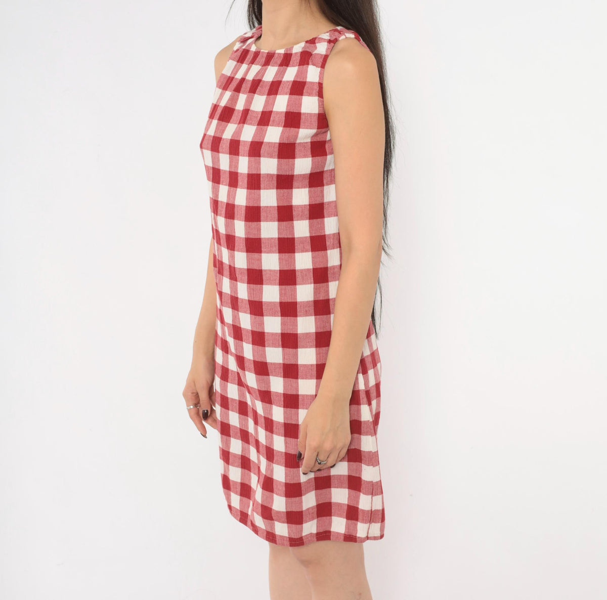 Y2K Red Gingham Sleeveless A-Line Dress Knee Length Medium M