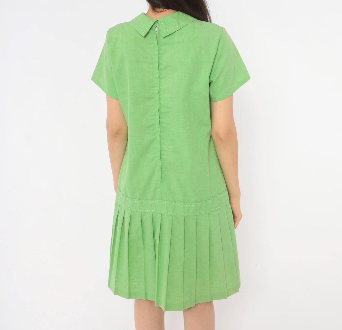 60s Mod Lime Green Shift Dress Peter Pan Collar Pleated Skirt Medium M