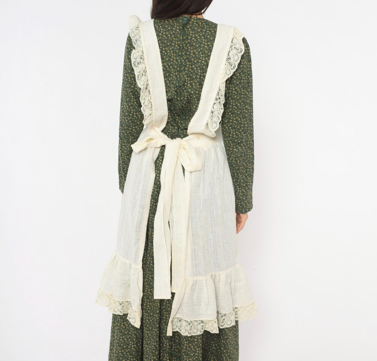 70s Cream Linen Pinafore Apron Dress Crochet Lace Ruffle Tie Back