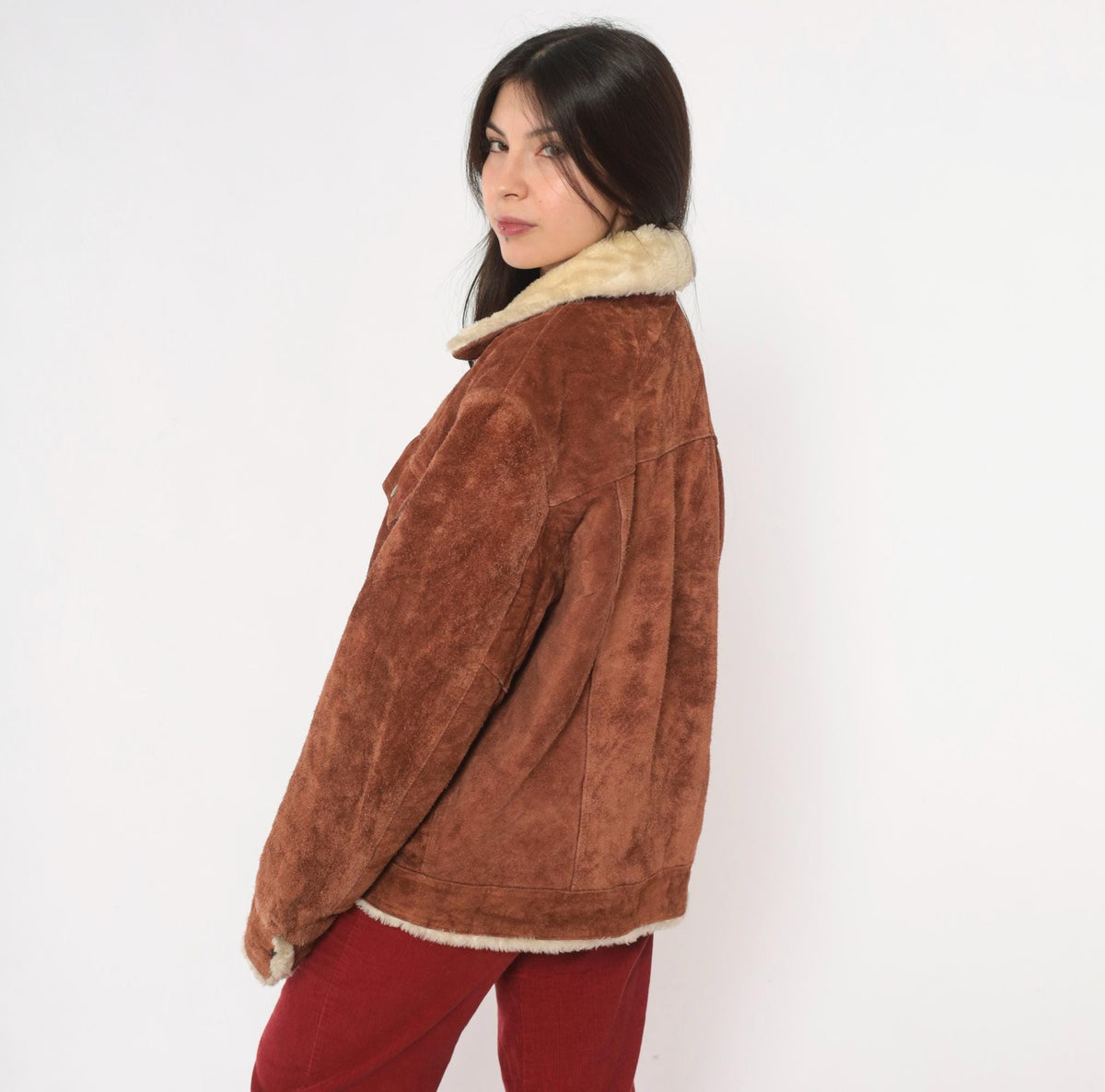 70s Grande Bay Brown Suede Trucker Jacket Shearling Lined Medium