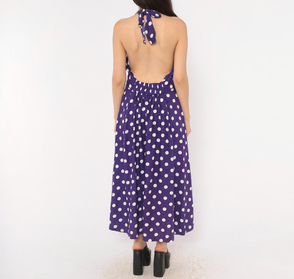 Y2K Purple White Polka Dot Halter Midi Dress Backless Rayon Large