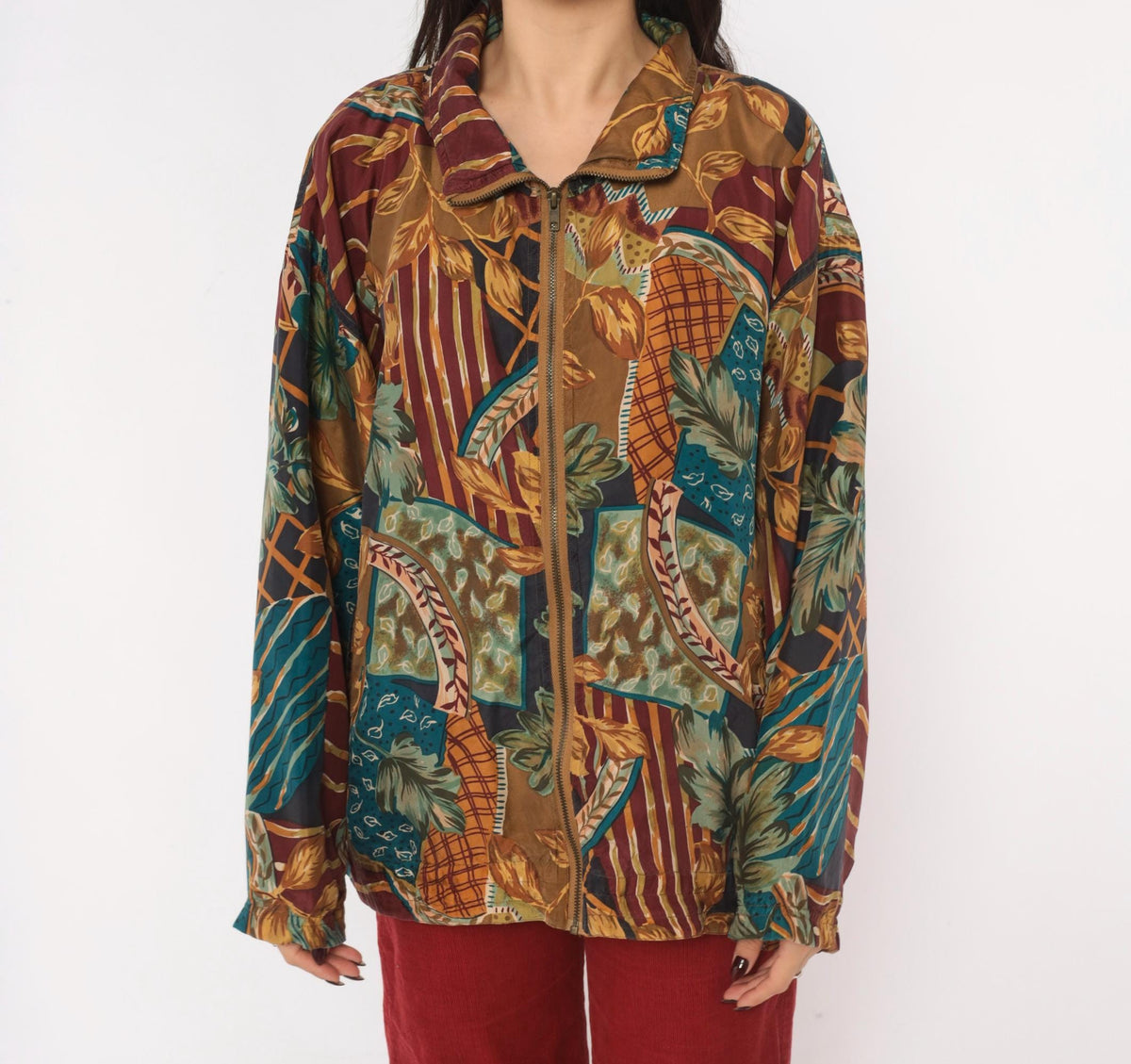 90s EVR Silk Bomber Jacket Tan Patchwork Leaf Print Unisex Large L