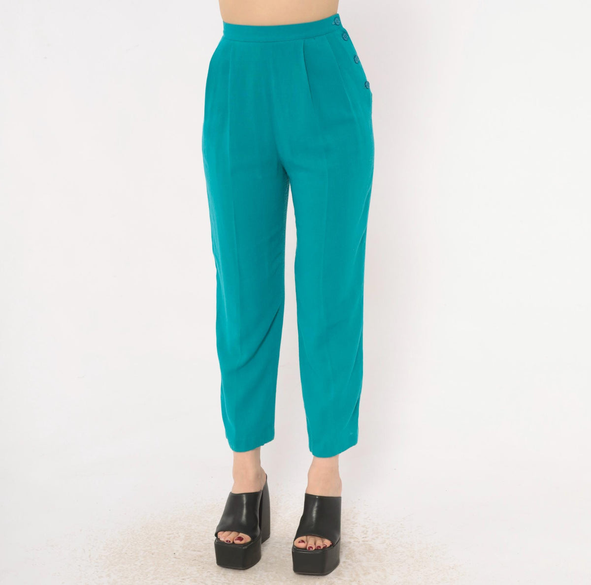 80s Teal Pleated High-Waist Tapered Trousers Prophecy Petites Extra Small