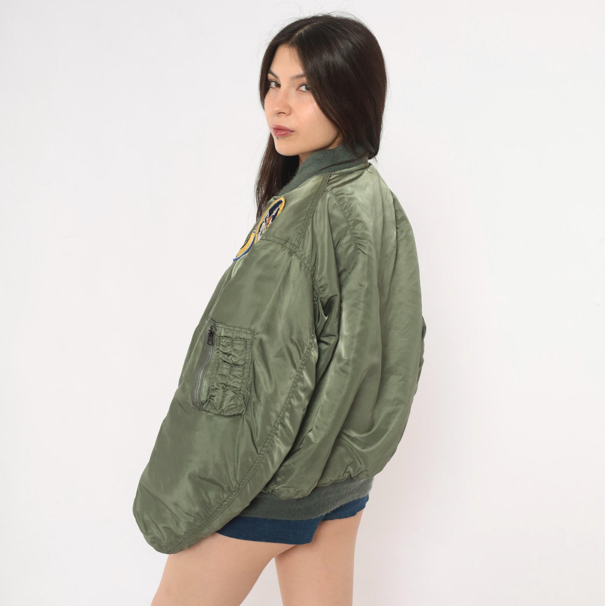 90s MA-1 Bomber Jacket Olive Green Reversible Orange Flight Coat Large L