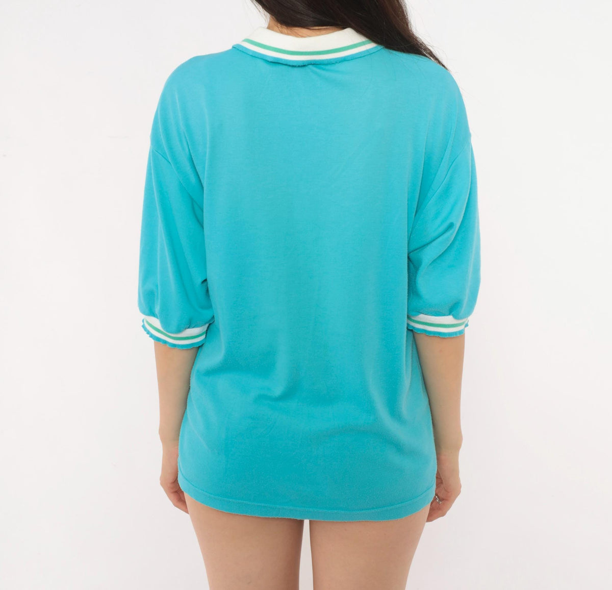90s Pykettes Palm Tree Polo Shirt Turquoise Three Quarter Sleeve Medium
