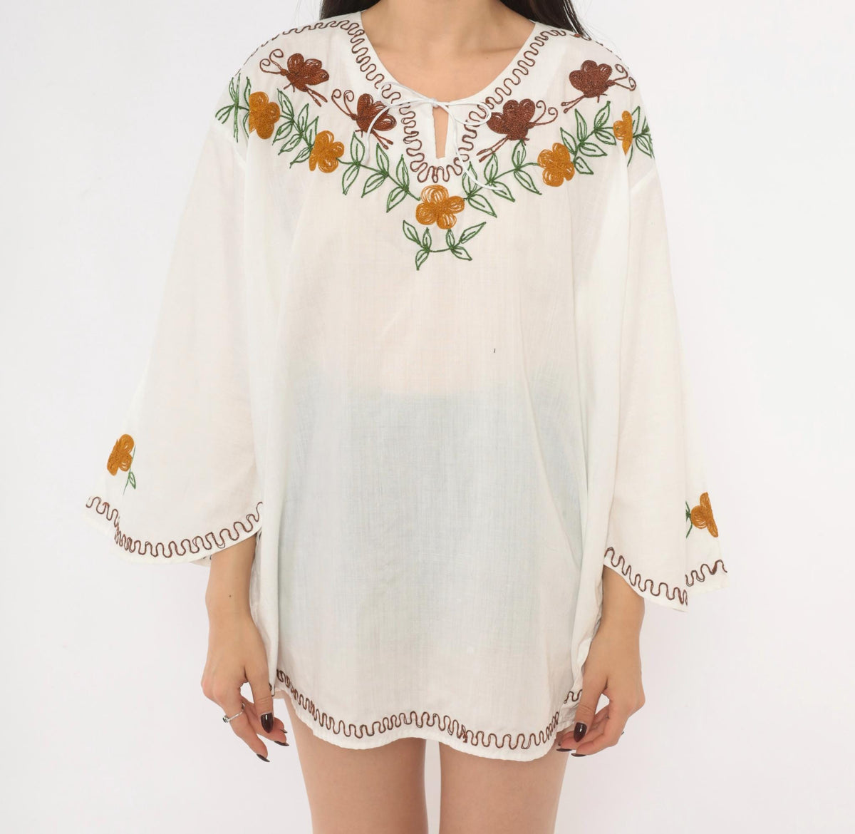 90s White Embroidered Bell Sleeve Tunic Blouse Brown Butterfly Keyhole Tie Neck Extra Large XL