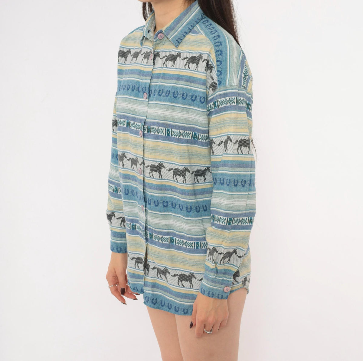 90s CM Company Horse Print Western Shirt Blue Cream Striped Cotton Small