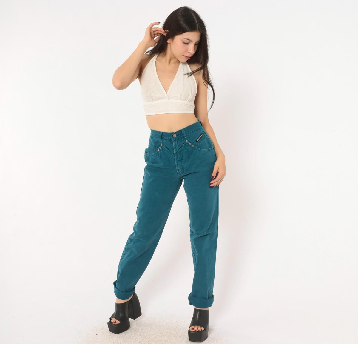 90s Rocky Mountain Teal Denim High Waist Mom Jeans Tapered Straight Leg Extra Small XS