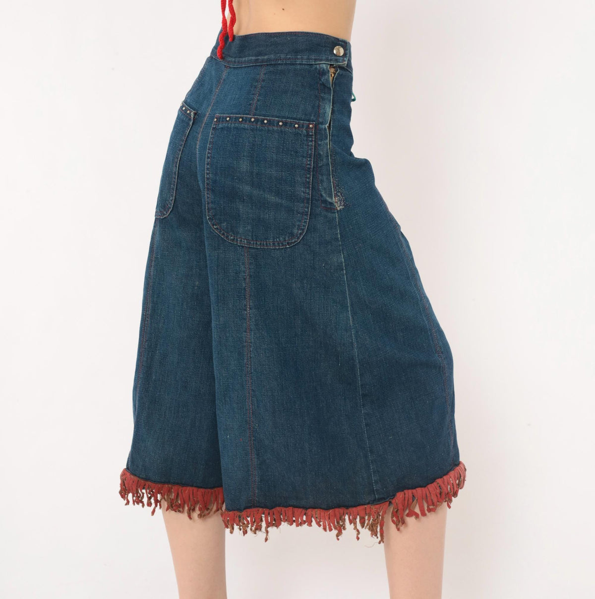 80s Blue Denim Wide Leg Shorts Red Fringe Lace Up Front Studded Medium M