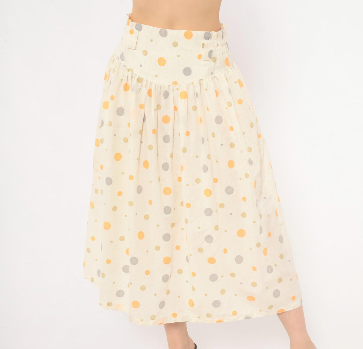 90s Polka Dot Midi Skirt Cream Orange Gray Cotton Gathered High Waist Medium